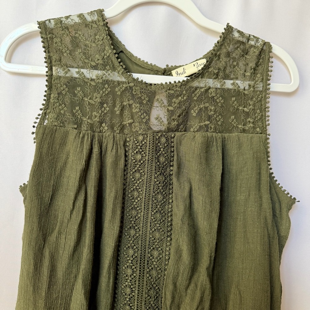 Sleeveless Olive Lace Yoke Mini Dress, Medium - Picture 4 of 8